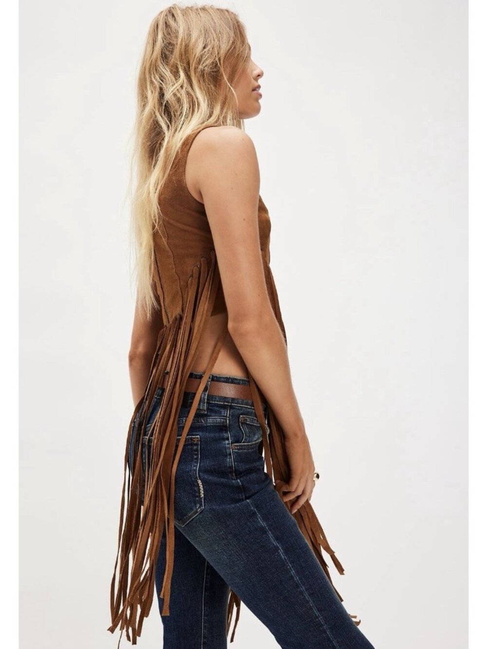Free People Leather Fringe Tank Top Brown Goat Suede Western Boho Size M NWT - Picture 3 of 13
